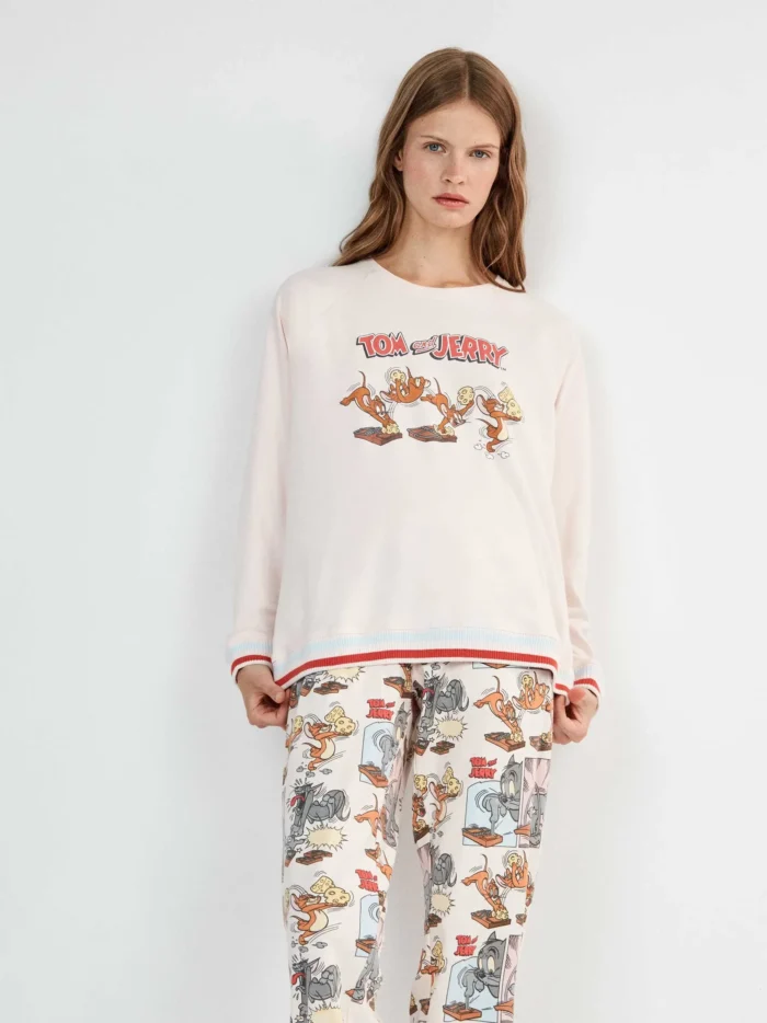 PIGIAMA DONNA GISELA TOM & JERRY IN COTONE MAGLIA BIANCA E PANTALONE STAMPATO - immagine 2