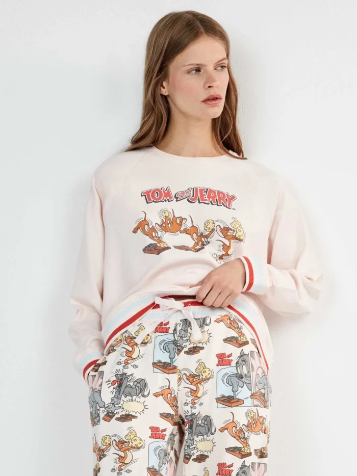 PIGIAMA DONNA GISELA TOM & JERRY IN COTONE MAGLIA BIANCA E PANTALONE STAMPATO - immagine 3
