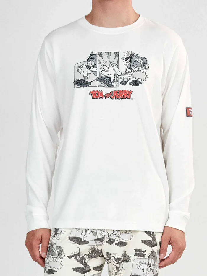 PIGIAMA UOMO GISELA IN COTONE TOM & JERRY MAGLIA BIANCA E PANTALONE GRIGIO STAMPATO - immagine 3